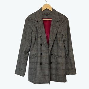 Level 99 Plaid Double Breasted Blazer, Gray/White/Burgundy, Satin Lining, EUC,XS